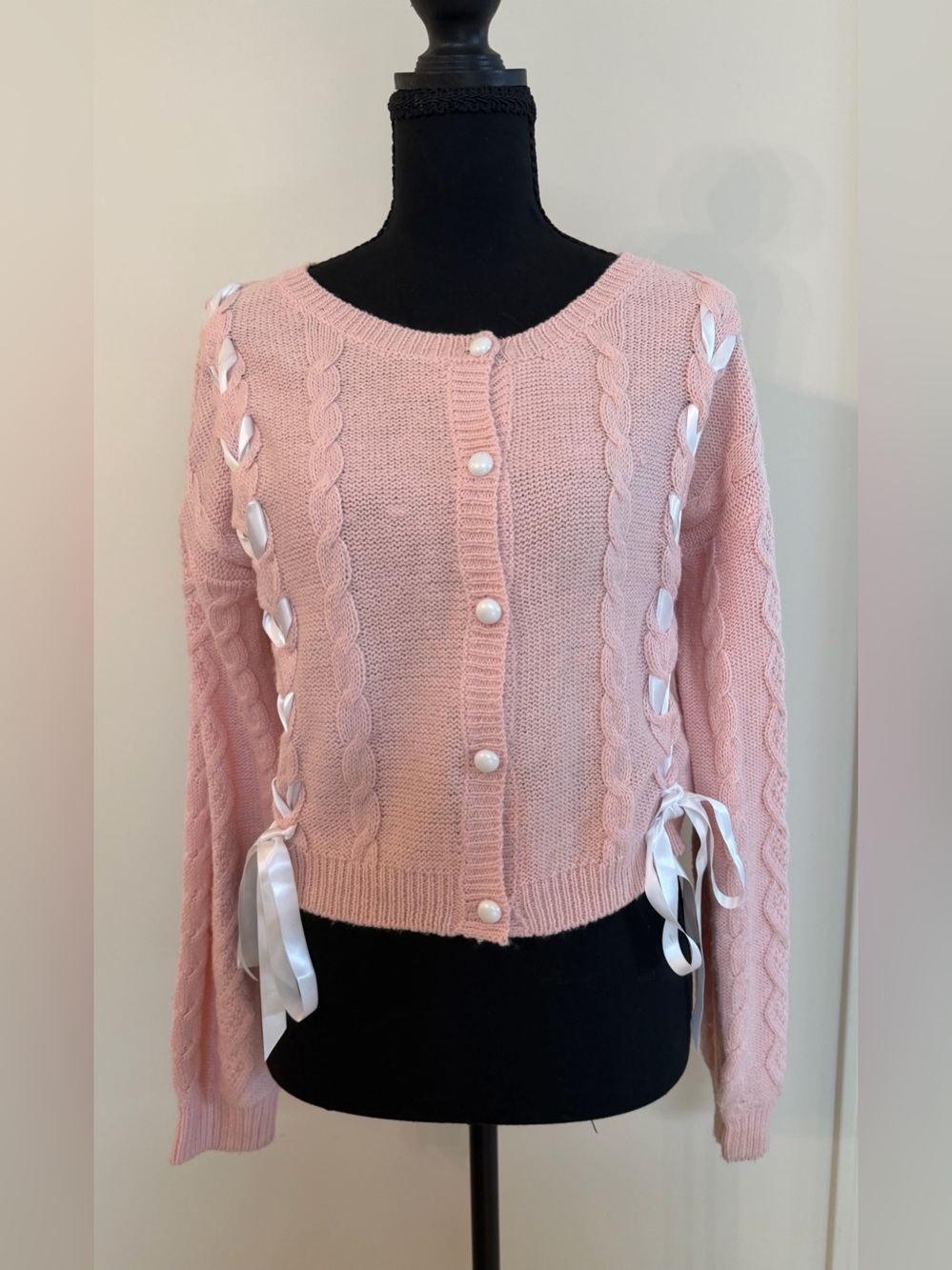 Aqua Blues Coquette Cottagecore Pink Cable-Knit Cardigan with Ribbon Detail M